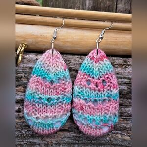 Colorful Knit Teardrop Earrings Pink Green Hand Dyed Yarn Floral Cotton